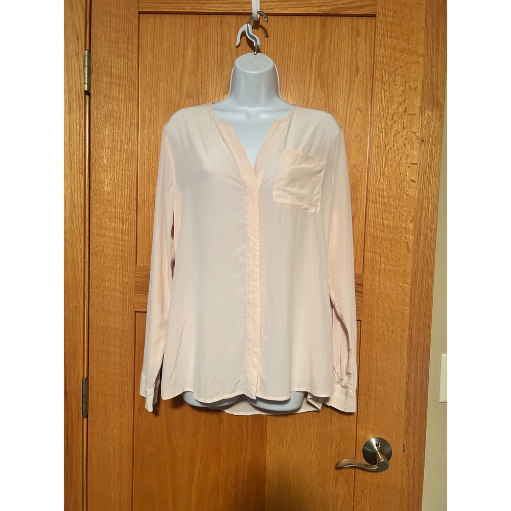 Ecru Women's 100% Silk Light Pink Long Sleeve V-Neck Lightweight Blouse Large